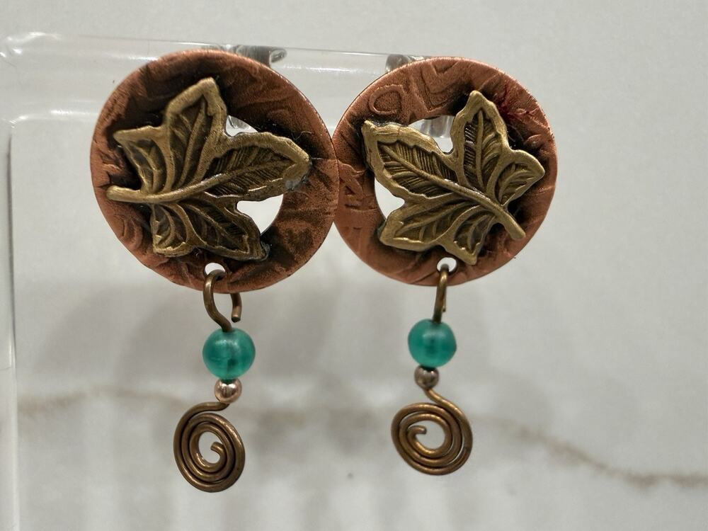 Artisan Copper Brass Tone Leaf Earrings Teal Bead Spiral Dangle Boho Pierced